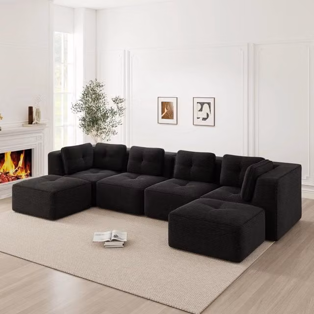 Divano Angolare Modulare MINIMAL con Ottoman Nero in Tessuto Velvet