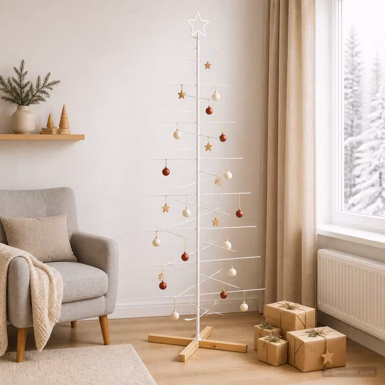 Albero di Natale moderno vidaXL KUOPIO in metallo e legno, colore bianco, Altezza: 210 cm