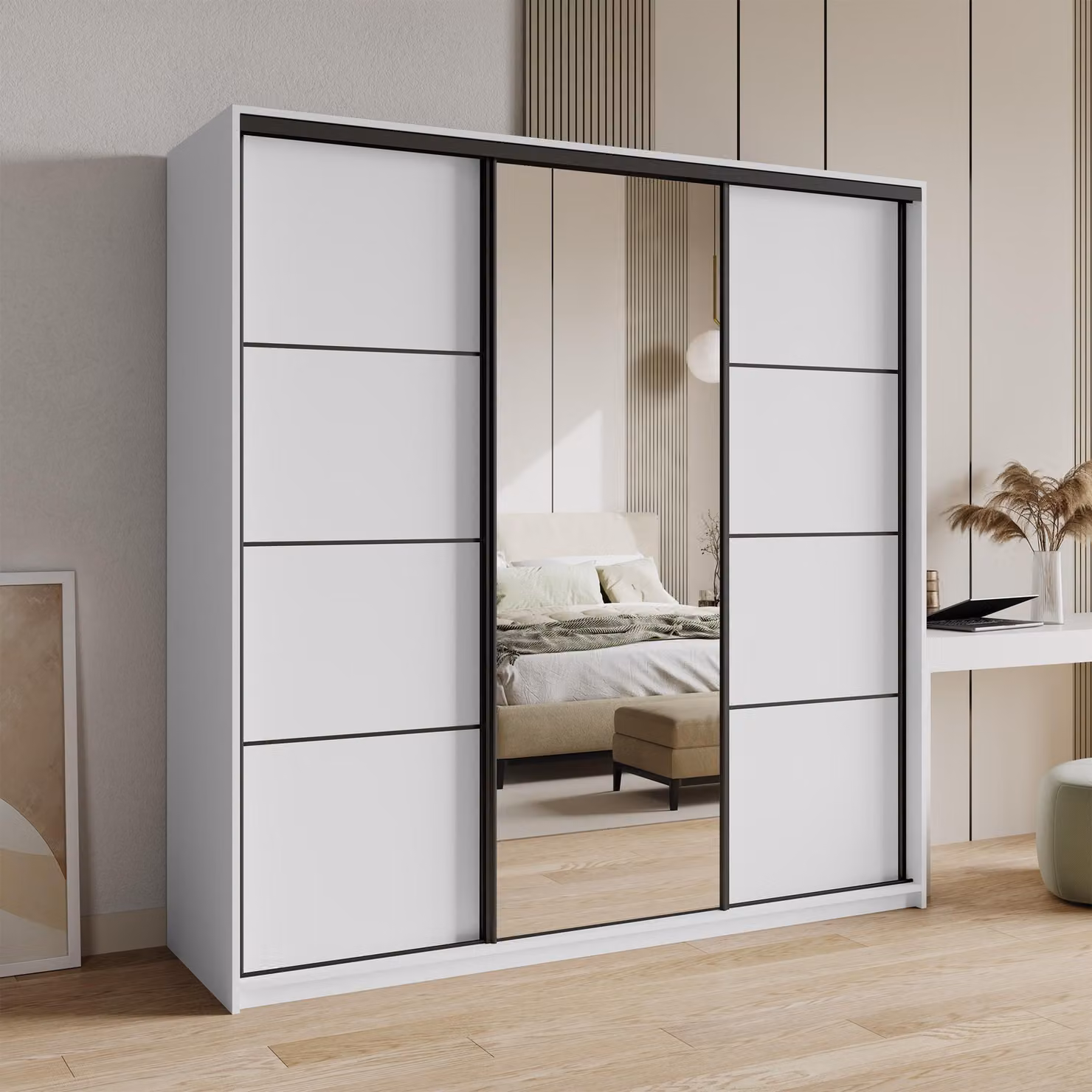 Armadio scorrevole Masseno VARO 180/205/60 cm Armadio con 4 cassetti Armadio per camera da letto a 3 ante con specchio Bianco