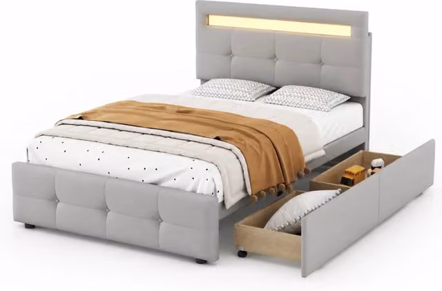 Letto singolo 90x200 cm imbottito con LED; 2 cassetti e rete a doghe; grigio