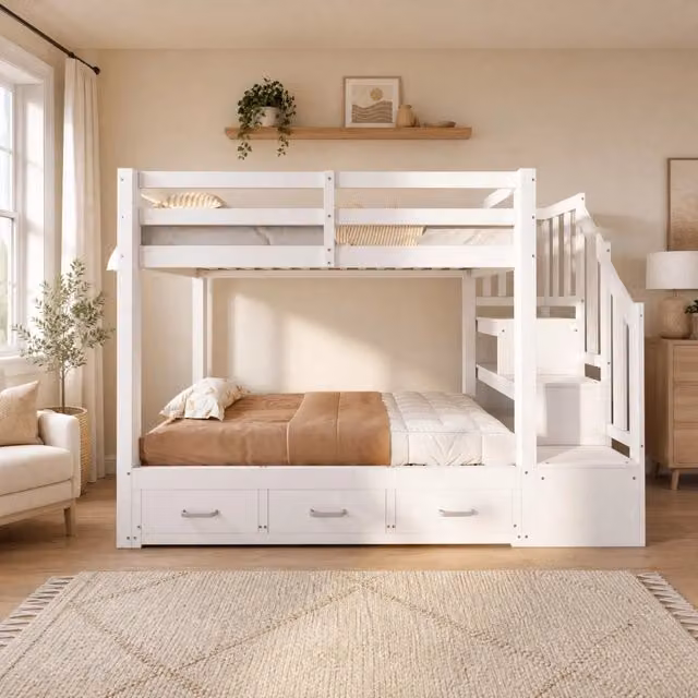 Letto a castello 90 x 200 cm con letto estraibile 180 x 190 cm e 3 cassetti; bianco
