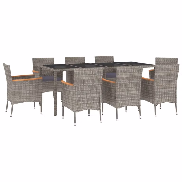 Set da Pranzo da Giardino 9 pz con Cuscini in Polyrattan Grigio