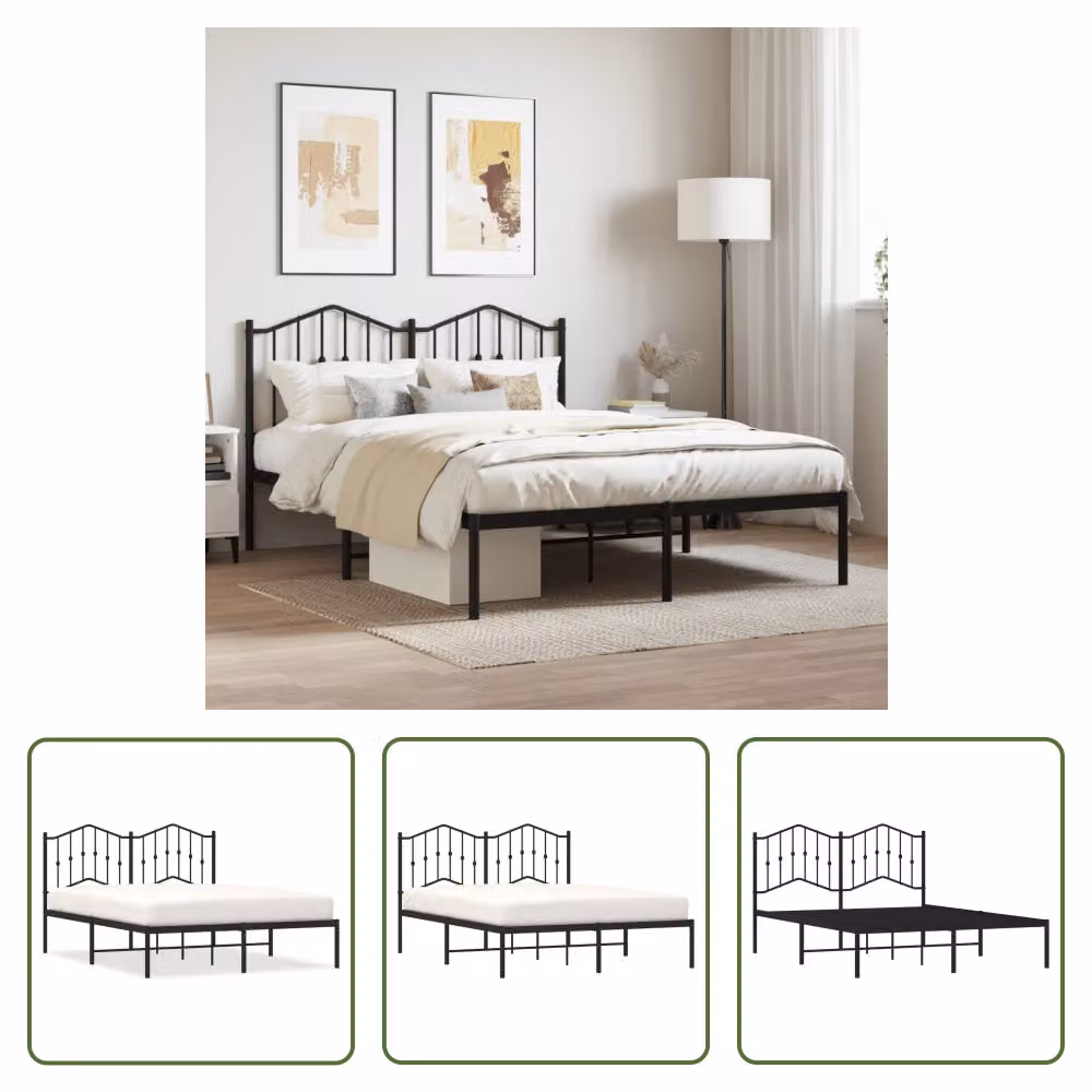 The Living Store Struttura letto con testiera in metallo nero 150x200 cm
