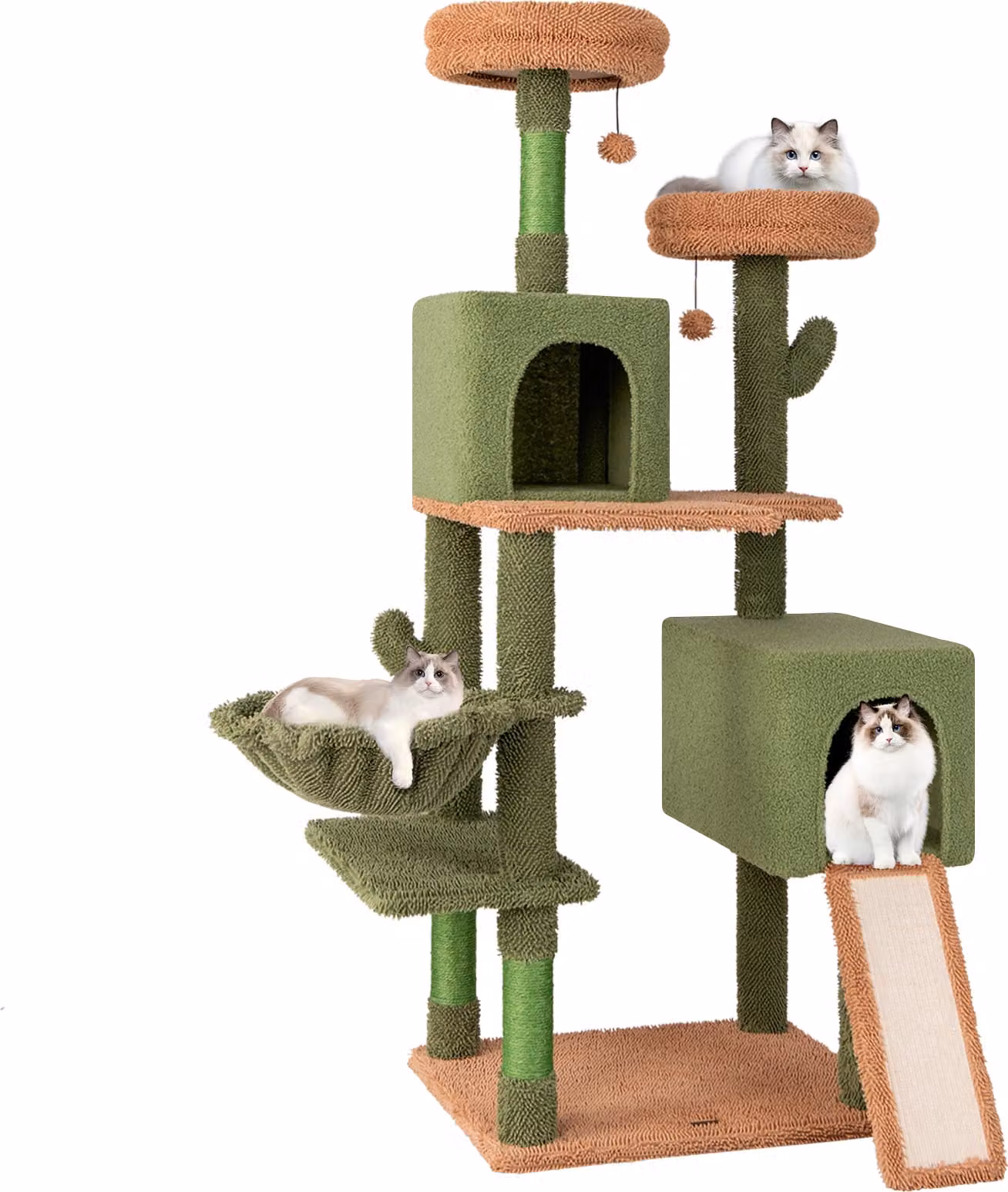 COSTWAY Albero per gatti cactus alto 160 cm, albero per gatti con piattaforme, giocattoli, paletti in sisal, scala, cesto e 2 grotte per gatti, torre per gatti in legno, verde, marrone