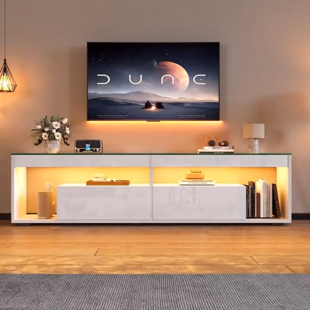 Mobile TV Mivray bianco con vetro temperato, illuminazione LED integrata e 2 cassetti, L/P/H: 180 x 40 x 46 cm