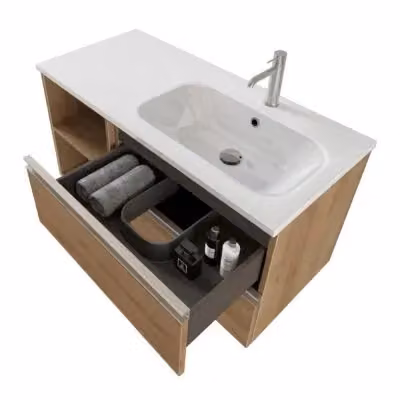 Mobile bagno sospeso Master INBAGNO in rovere miele con lavabo a destra, cassetti e vani a giorno, completo di specchio contenitore con illuminazione LED, L: 101 cm, P: 46 cm, H: 50 cm – 2