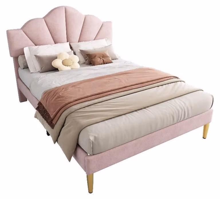 Letto imbottito 140x190 cm, color rosa, rivestito in velluto, con testiera a forma di conchiglia, testiera regolabile in altezza e struttura a listelli in legno, ideale per la camera da letto
