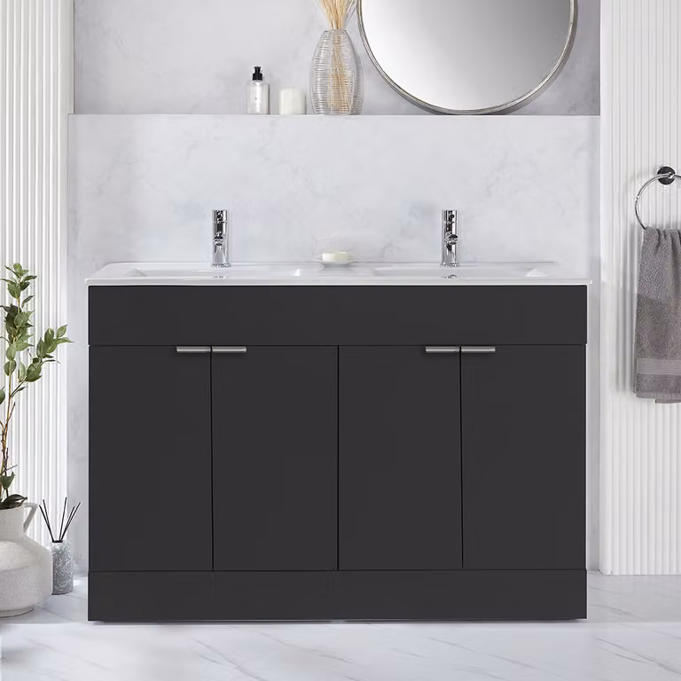 Mobile Bagno a Terra Grigio Nero da 1210mm con Doppio Lavabo e Maniglie con Impugnatura a Dito Cromate - Cluo