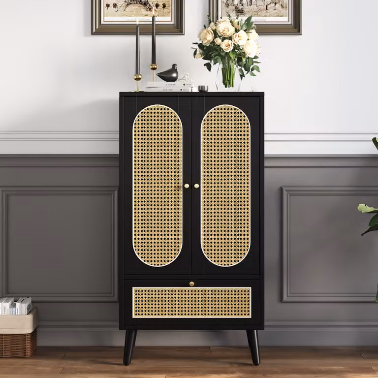 Cassettiera Merax con anta e cassetto in vimini rattan, credenza in legno, 60x40x110,5 cm, nero