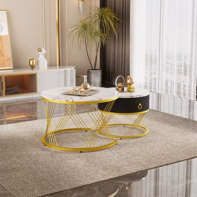 Set di 2 tavolini da caffè MINIMAL con cassetti, design rotondo effetto marmo bianco e decoro dorato – 1
