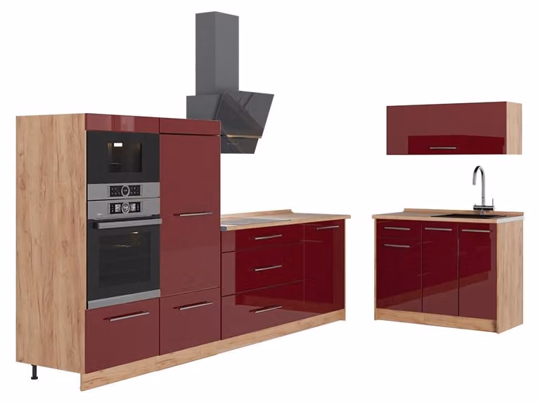 Cucina Vicco Fame-Line Bordeaux lucido/Rovere dorato 380 cm, PL Rovere, Model 64105