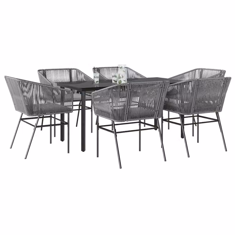 Set da Pranzo da Giardino vidaXL in Polyrattan con Cuscini e Tavolo in Vetro, 7 Pezzi, Grigio e Nero