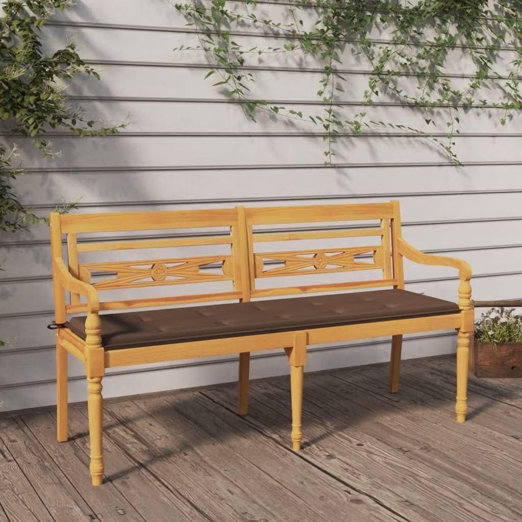 The Living Store Panca Batavia con cuscini tortora 150 cm in teak massiccio