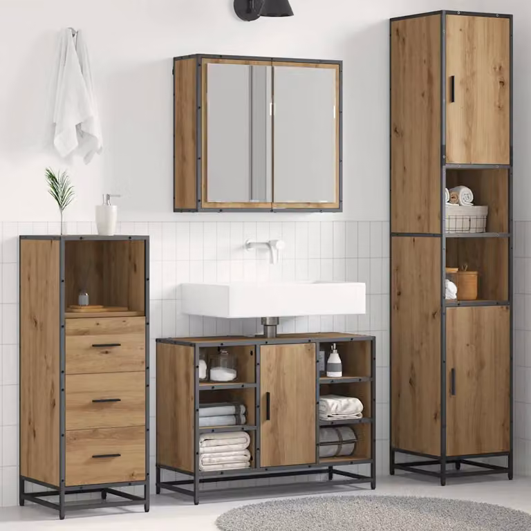 Set di mobili per il bagno moderno vidaXL in 3 pezzi color marrone con mobile sottolavabo, pensile e armadietto con specchio
