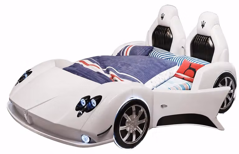 Letto bianco autoprogettato per bambini, con luci LED, connettività Bluetooth e spazio contenitivo