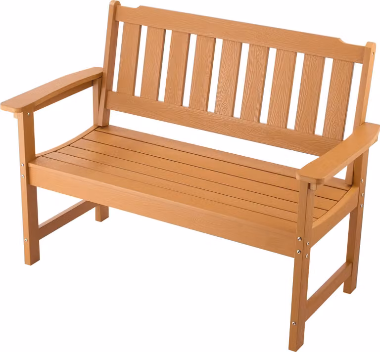 SucceBuy panchina da giardino 128 cm, robusta e resistente alle intemperie, adatta per 2-3 persone, struttura in plastica con schienale e ampi braccioli, ideale per patio, giardino o parco, aspetto legno
