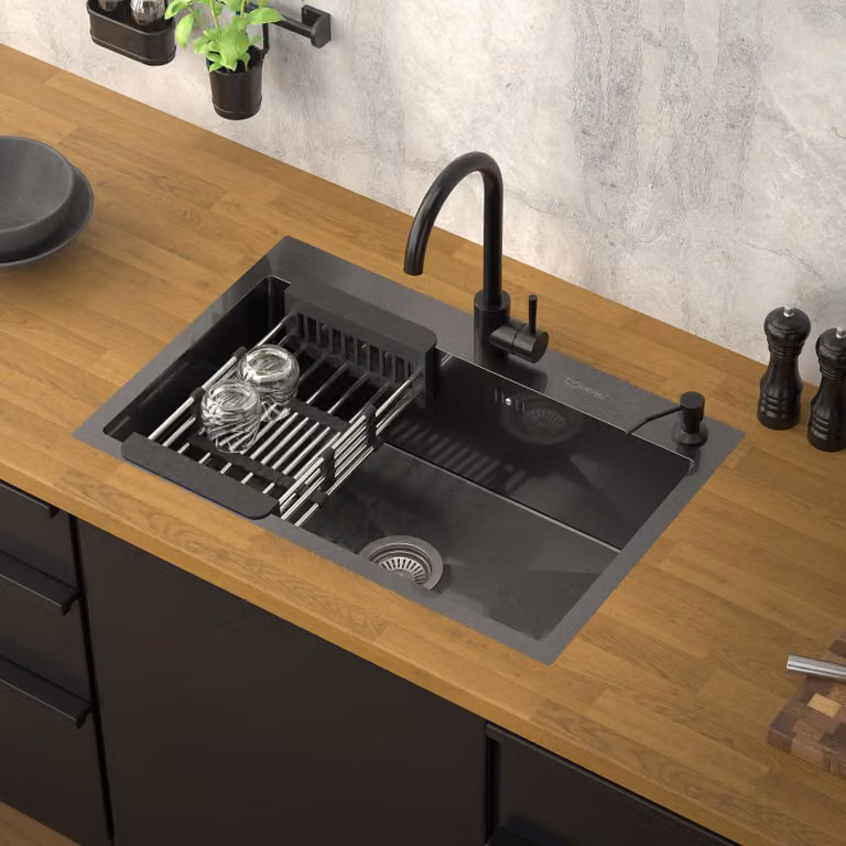 Lavello da cucina ML-Design con scarico a scomparsa e dispenser di sapone, antracite, in acciaio inox