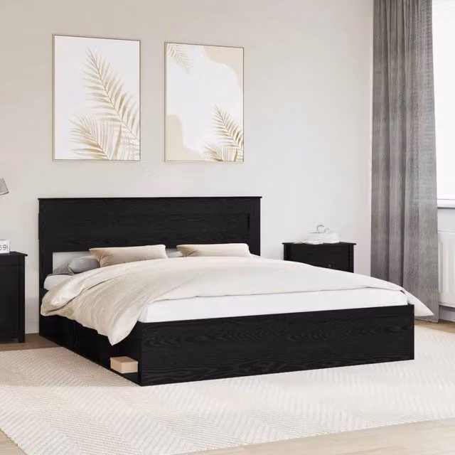 Struttura del letto-Giroletto Nero 200 x 200 cm Pino massello 610658