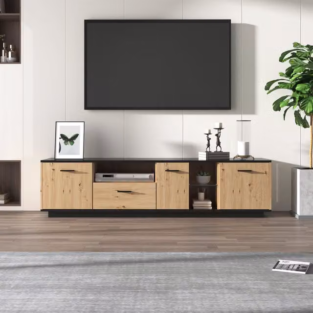 Mobiletto Porta TV GL Store con Cassetta, Tre Ante e Due Ripiani in Vetro, Illuminazione LED a 15 Colori, L/P/H: 180 x 40 x 45 cm, Nero e Naturale