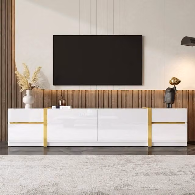 Mobile TV bianco lucido con 4 cassetti e 2 ante; 180 x 40 x 38 cm in MDF e pannello truciolare