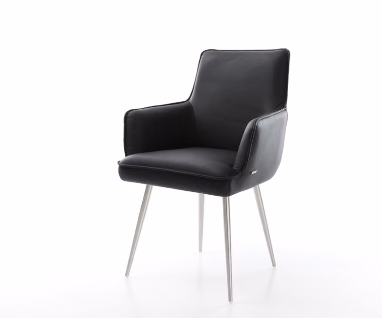 DELIFE Sedia da pranzo Heira-Flex con braccioli in vera pelle nera, base a 4 gambe coniche in acciaio inossidabile, molle insacchettate