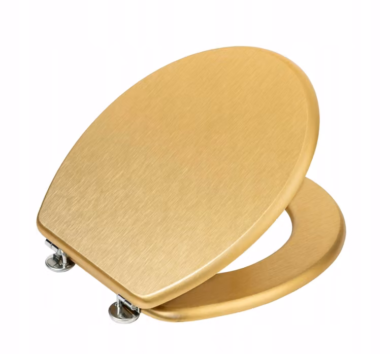 Sedile WC in vetroresina a forma di D, coperchio WC in acciaio inox dorato 37x41 cm
