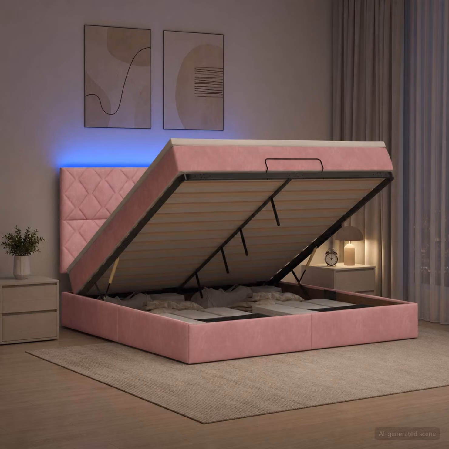 Letto Ottomano con Materasso e Illuminazione LED vidaXL in Velluto Rosa, L/P/H: 200 x 160 x 88 cm