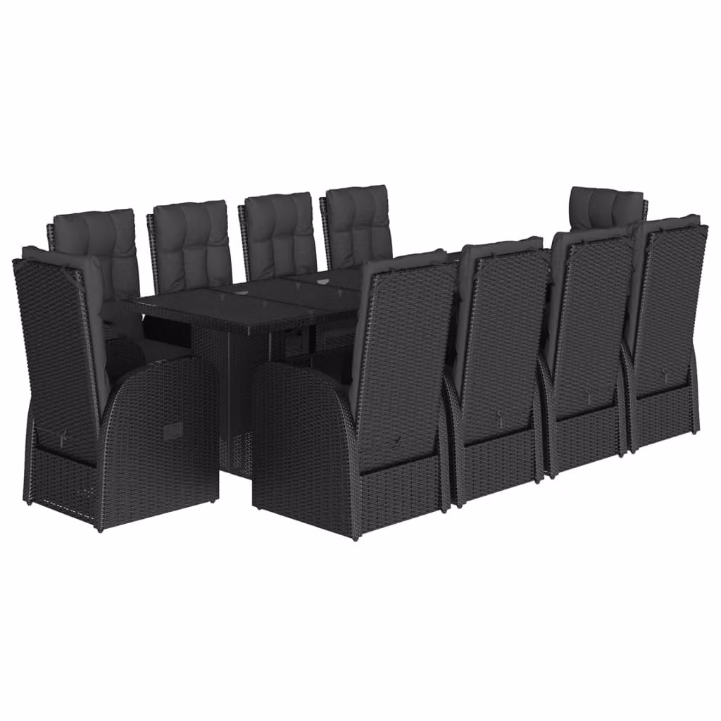 Set da Pranzo da Giardino 11 pz con Cuscini in Polyrattan Nero