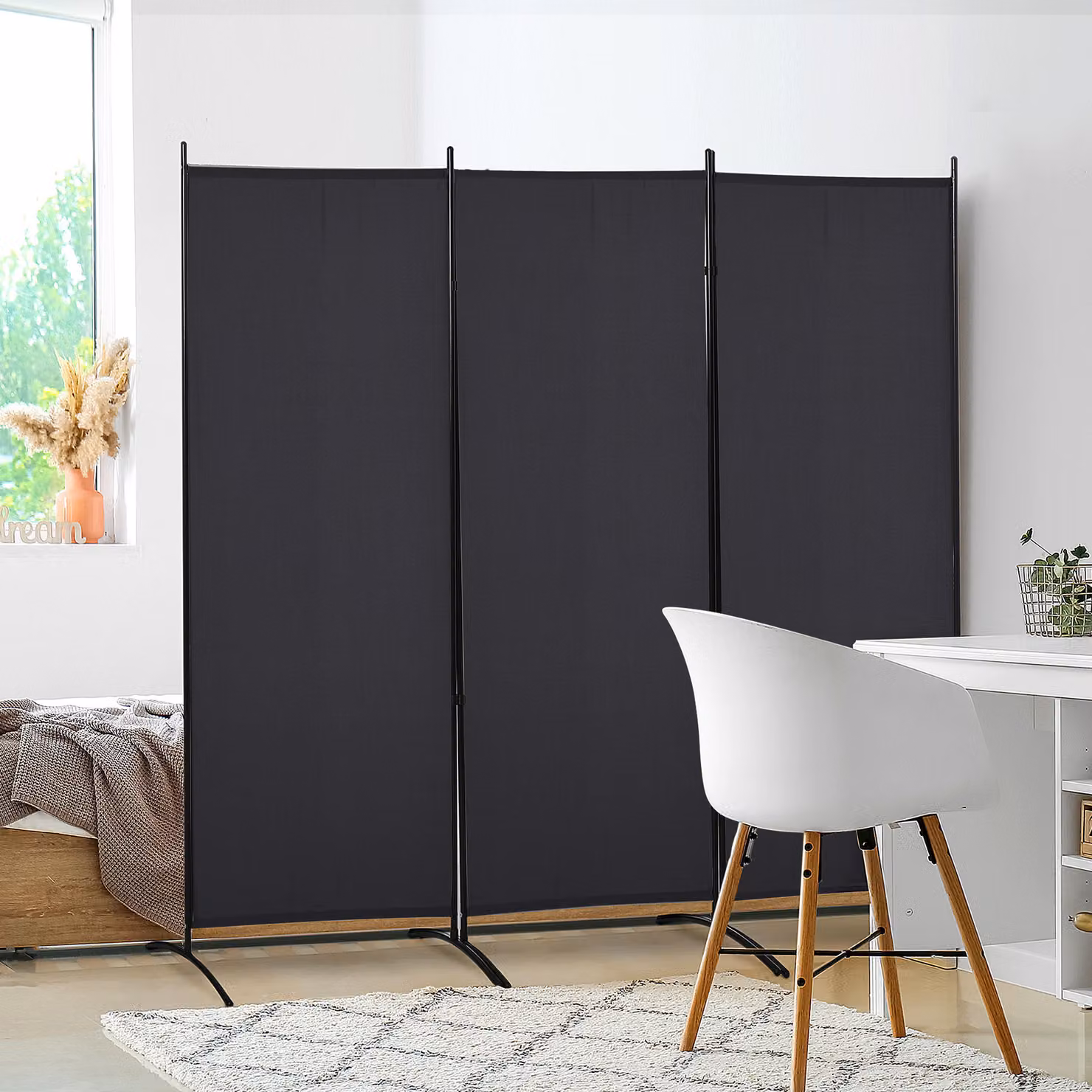 Paravento Separé da Interno HOMCOM a 3 Pannelli Pieghevole in Metallo e Poliestere, Nero, L: 150 cm, P: 50 cm, H: 182 cm – 2