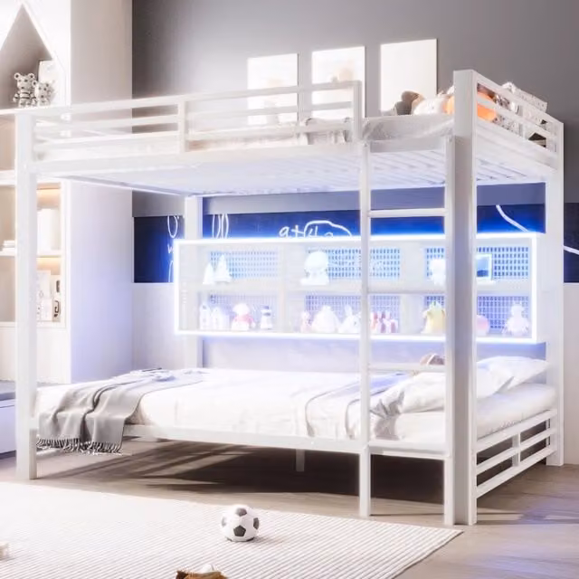 Letto a castello Mivray bianco con 6 armadietti laterali, illuminazione LED sottostante e rete a doghe in metallo, L/P: 140 x 200 cm