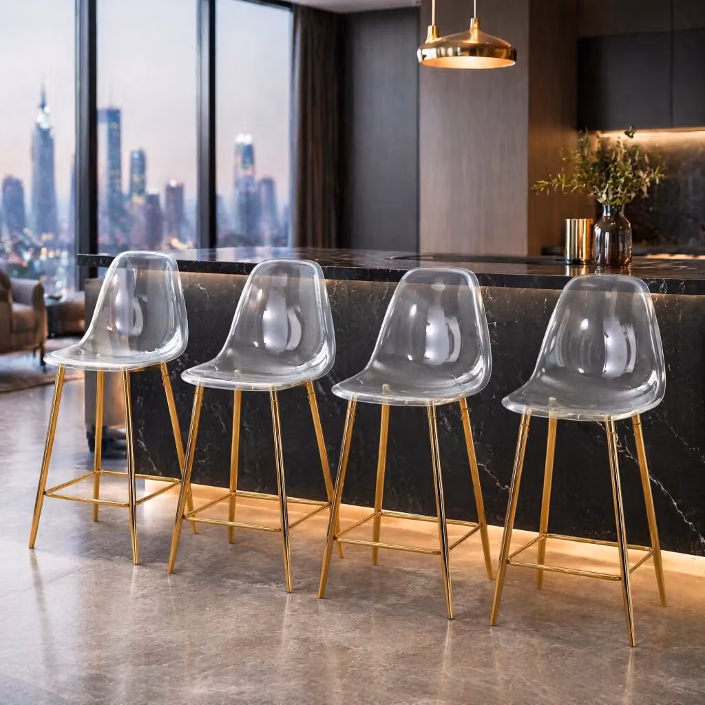 Sgabello da bar moderno Mivray con seduta trasparente in plastica e struttura in metallo dorato lucido con poggiapiedi per cucina e sala da pranzo – 2