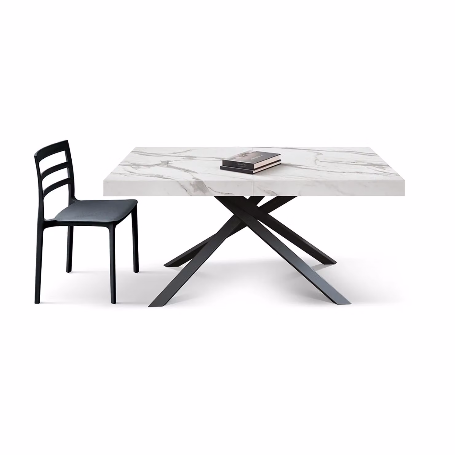 Tavolo FORTE DEI MARMI in legno, finitura bianco statuario e base in metallo nero, allungabile 140×90 cm – 220×90 cm