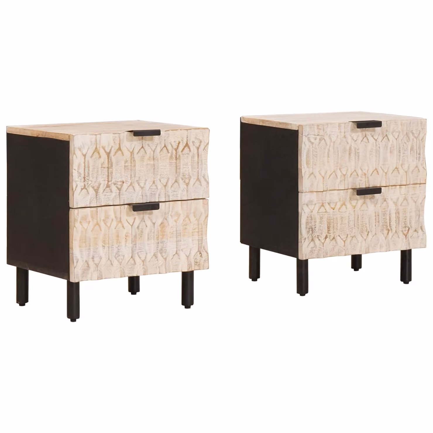 Set di 2 Armadi da Notte vidaXL in Legno di Mango, Design Astratto, Colore Bianco e Beige, L 40 cm x P 33 cm x H 46 cm