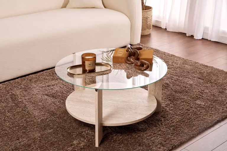 Skye Decor, Clara - Travertine, trasparente, tavolino da salotto, travertino, piano in melamina al 100%, 75 x 75 x 40 cm