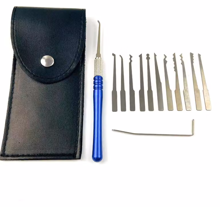 Kit di allenamento per scassinatori, composto da 12 strumenti, con manico blu lungo, ideale per esercitarsi con le serrature