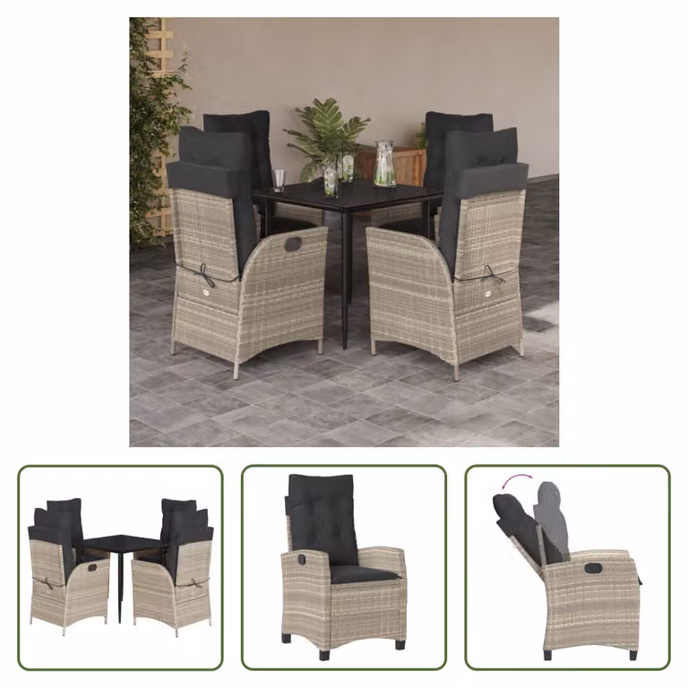 The Living Store Set da pranzo da giardino 5 pezzi con cuscini in rattan grigio chiaro