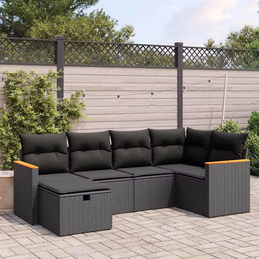 vidaXL Set Divano da Giardino a L 6 pz con Cuscini Nero in Polyrattan e Struttura in Acciaio – 1