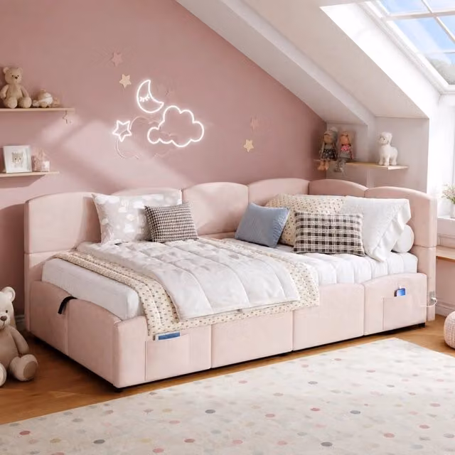 Divano letto con contenitore idraulico; USB-A/USB-C; velluto rosa; 90x200 cm