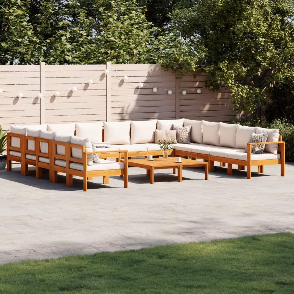Set di Divani da Giardino vidaXL a Forma a U in Legno di Acacia con Cuscini Beige e Bianchi – 1