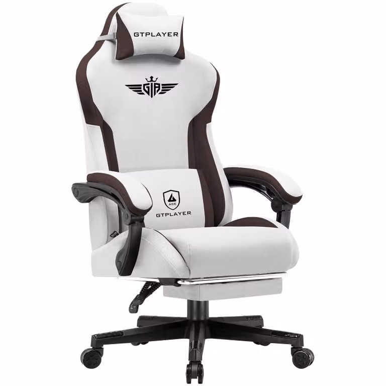 Sedia da gioco GTPLAYER, sedia da gioco ergonomica in tessuto con supporto lombare, sedia per PC con schienale allargato, portata fino a 150 kg, marrone