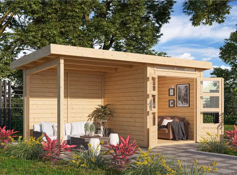 Set di casette da giardino in legno Karibu "Kandern 1" con tetto apribile, finitura naturale 2 x 2 m (L x P) con tetto apribile di 2,35 m
