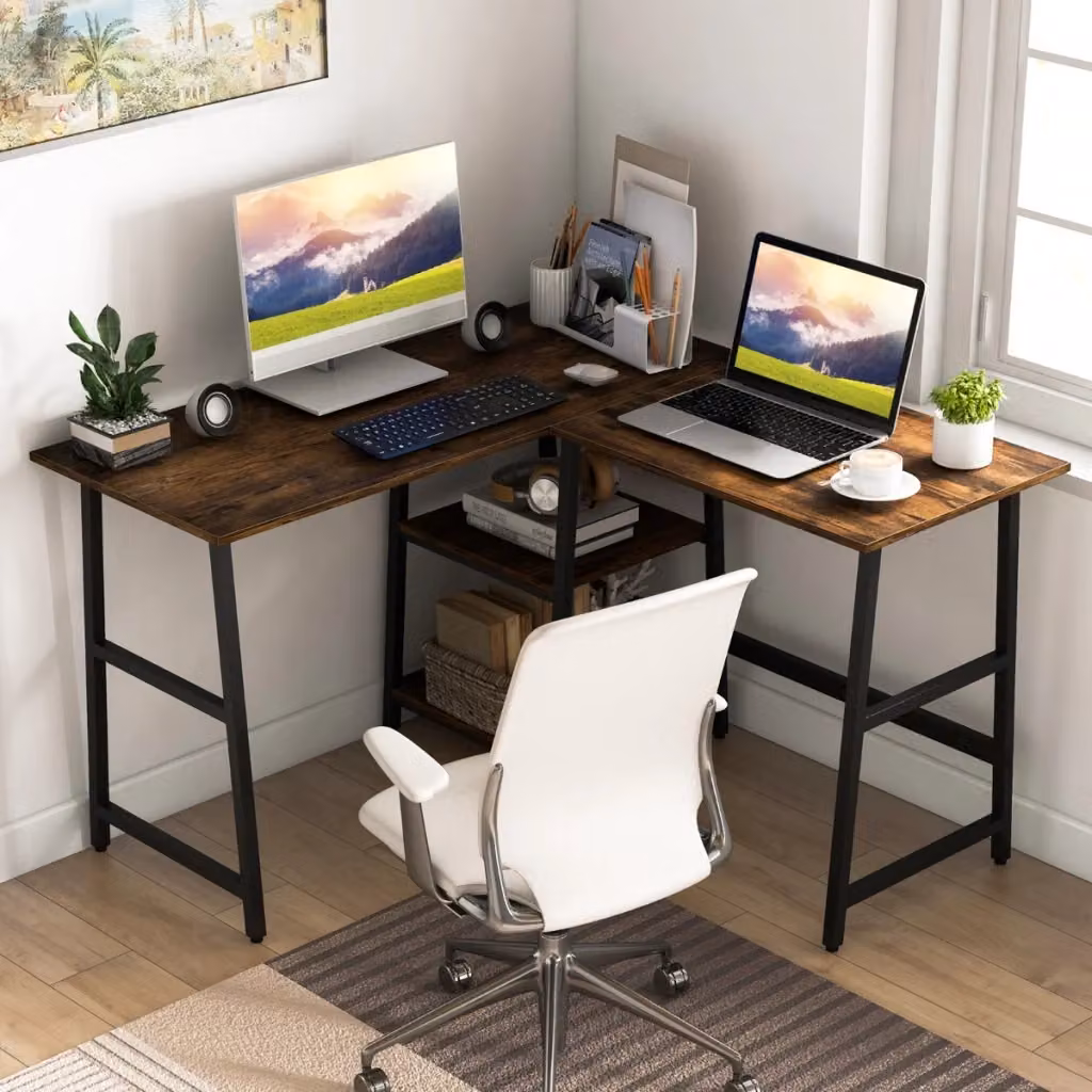 Scrivania angolare moderna in MDF laminato opaco con struttura in metallo e legno, colore marrone e nero, ideale per home office – 2