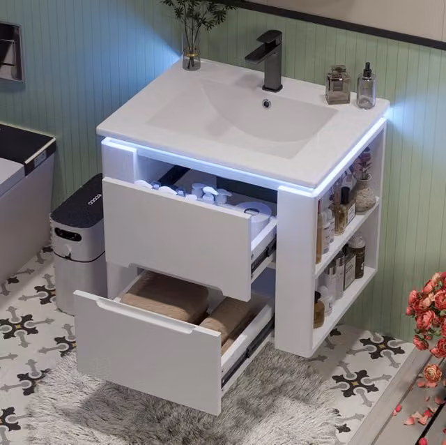 Mobile bagno sospeso 60x46x48;5 cm con lavabo in ceramica; 2 cassetti e LED sensore; bianco