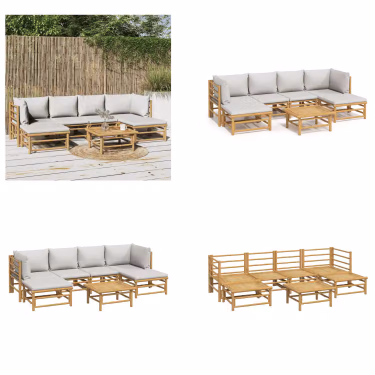 vidaXL Set da salotto da giardino 7 pezzi con cuscini grigio chiaro in bambù - Set da salotto da giardino - Set da salotto - Set da arredo da giardino