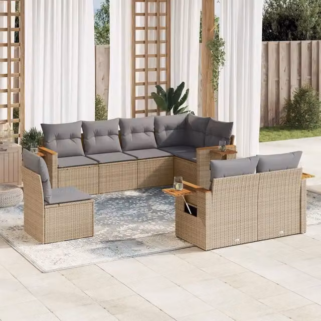 vidaXL Set Divano da Giardino 8 pz in Polyrattan con Cuscini Beige e Tavolino da Esterno – 1