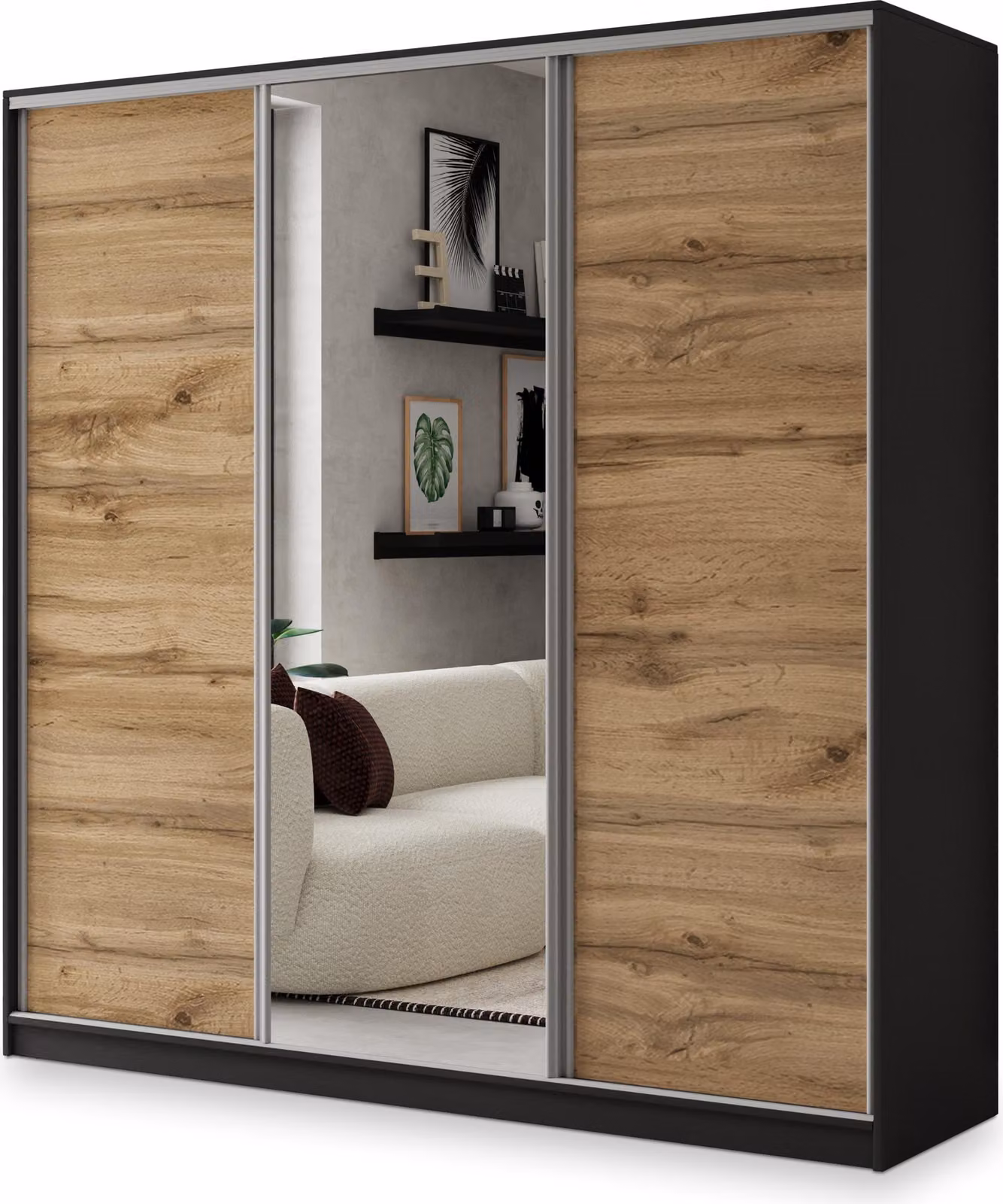 Armadio scorrevole Masseno SORE 180/205/58 cm Armadio con 4 cassetti Armadio per camera da letto a 3 ante con specchio Nero / Rovere Wotan