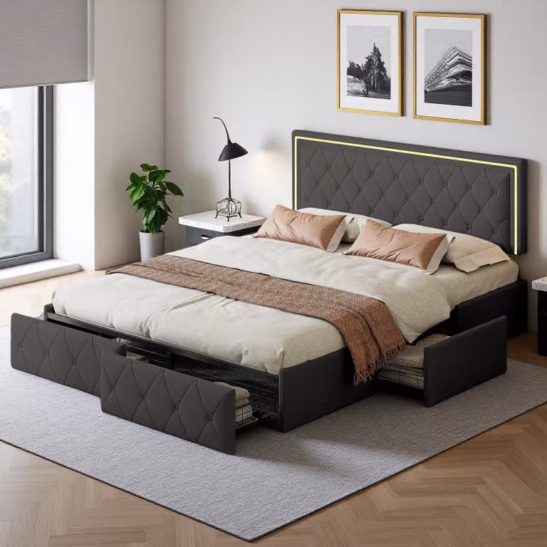 Letto matrimoniale imbottito grigio, 140 x 200 cm, con illuminazione a LED, 4 cassetti portaoggetti e testata regolabile in altezza, box contenitore, con rete a doghe
