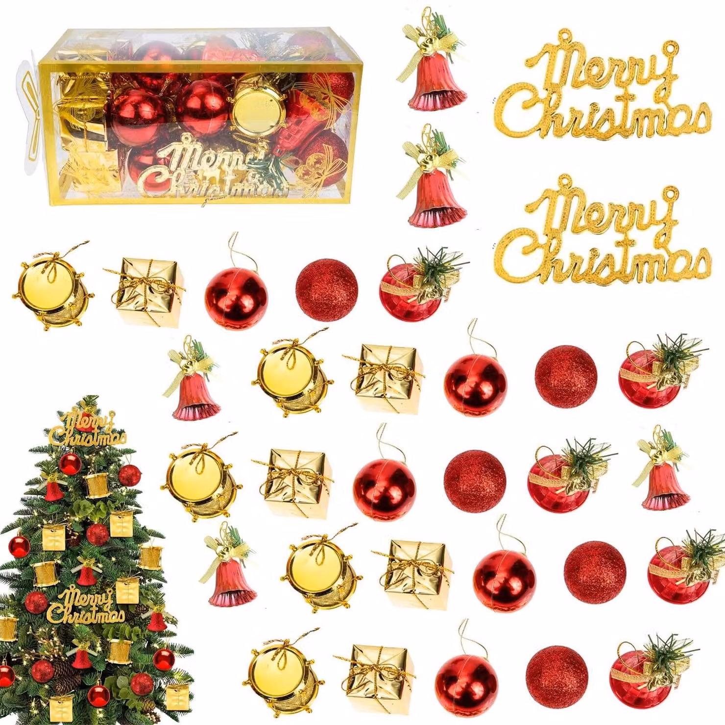 32 decorazioni natalizie a forma di piccoli ornamenti, nei colori rosso e oro