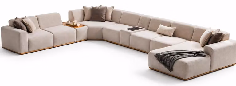 Beiges Wohnlandschaft U-Form großes Sofa Wohnzimmer Bequem Weich Modern