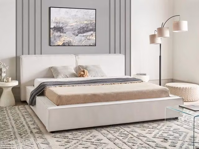 Letto matrimoniale in tessuto bianco sporco con struttura a doghe 180 x 200 cm stile classico camera da letto
